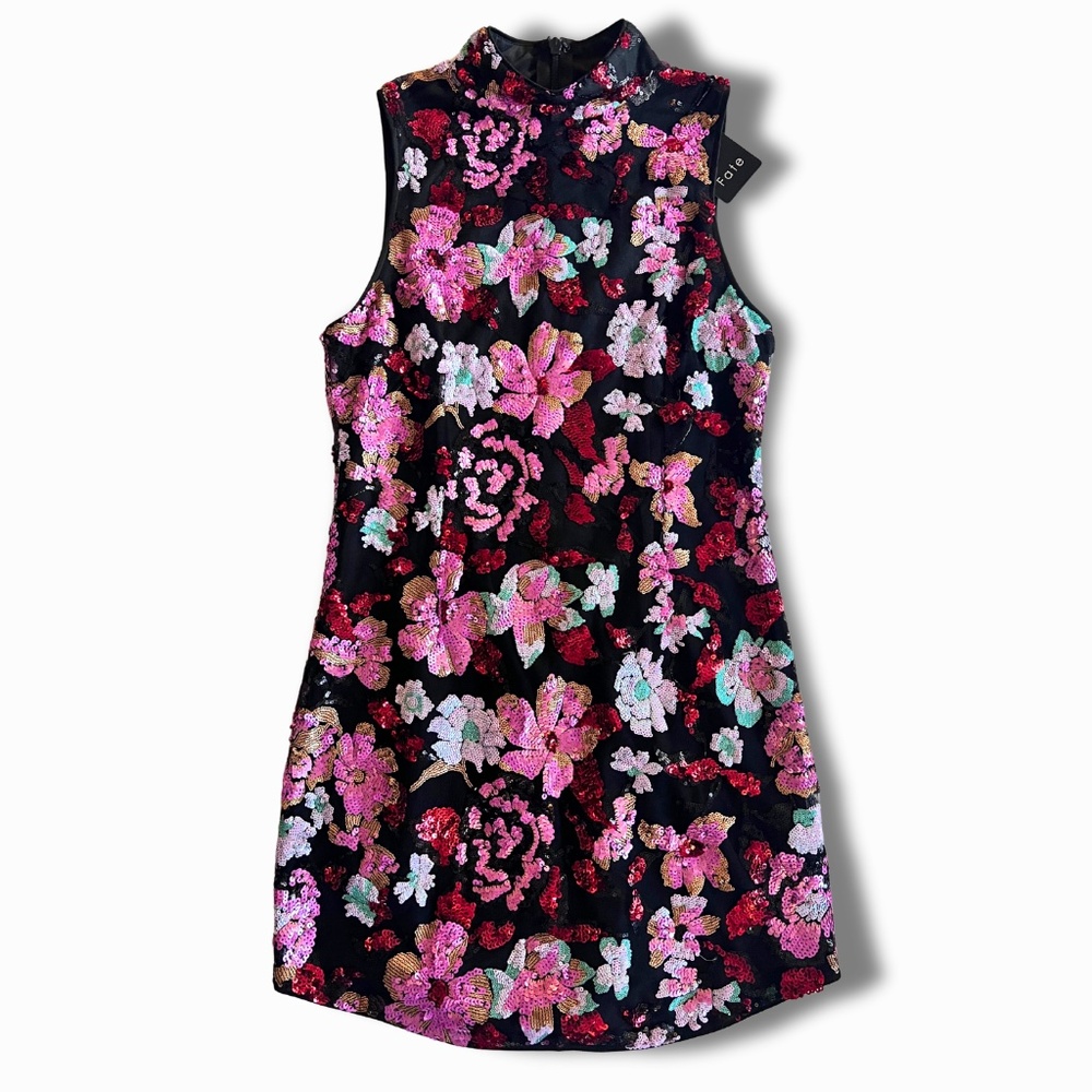 Fate Show Stopper Black Sequin Floral Mini Dress Size S Mock Neck NWT Night Out